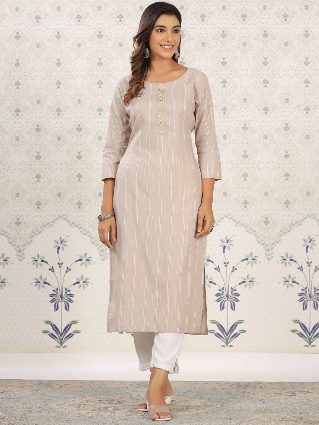 Ode by House of Pataudi Striped Round Neck Straight Cotton Kurta | Grab2Buy