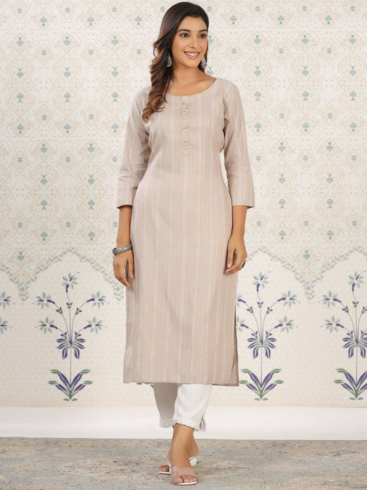 Ode by House of Pataudi Striped Round Neck Straight Cotton Kurta | Grab2Buy