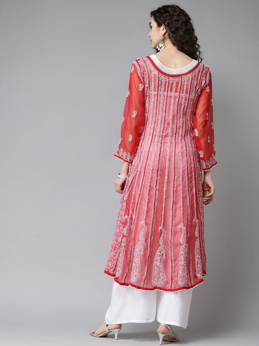 ADA Women Red & White Ethnic Motifs Embroidered Chikankari Georgette Kurta 