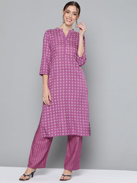 HERE&NOW Women Purple Printed Regular Kurta with Palazzos