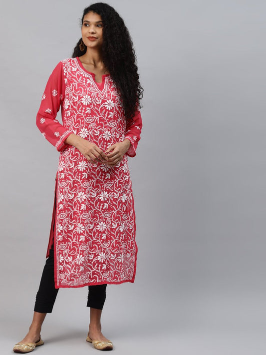 ADA Women Carrot Pink & White Floral Hand Embroidered Chikankari Handloom Kurta & Matching slip - Grab2buy