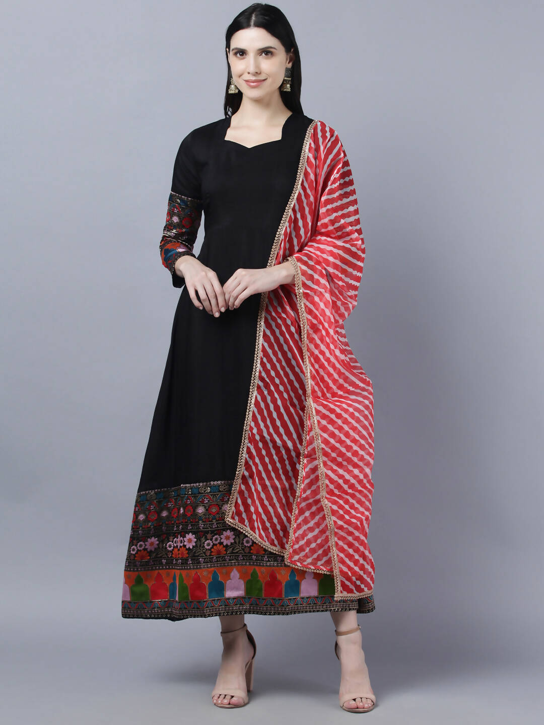 Myshka Women Black Embroidered Detail Anarkali Kurta With Dupatta