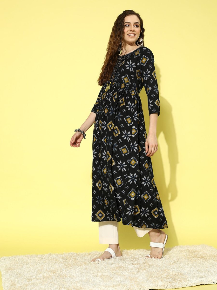 All About You Women Black & Yellow Printed Thread Work Tiering Liva Anarkali Kurta