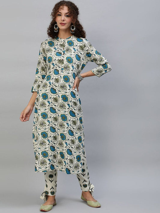 Aks Floral Printed Band Collar Regular Kurta with Trousers