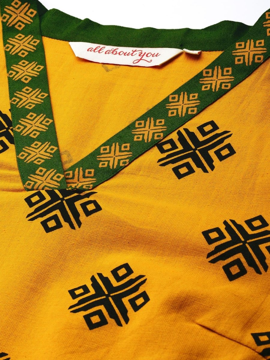 All About You Women Mustard Yellow Ethnic Motifs Printed Kurta with Green Printed Trousers