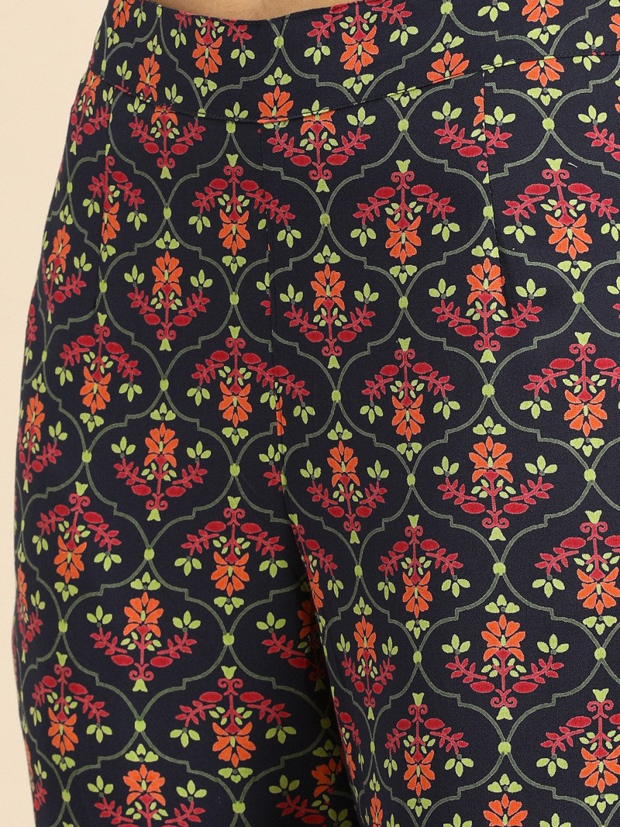 All About You Women Navy Blue Floral Embroidered Regular Thread Work Kurta with Trousers