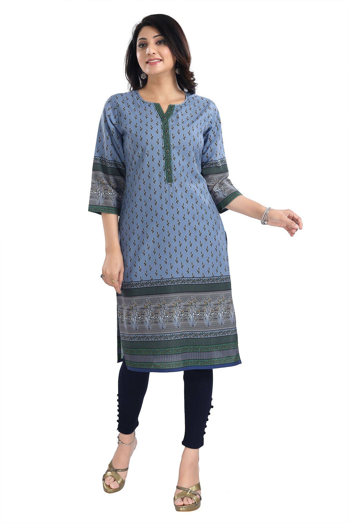 Snehal Creations Aesthetic Blue Digital Print Cotton Slub Long Kurti Tunic