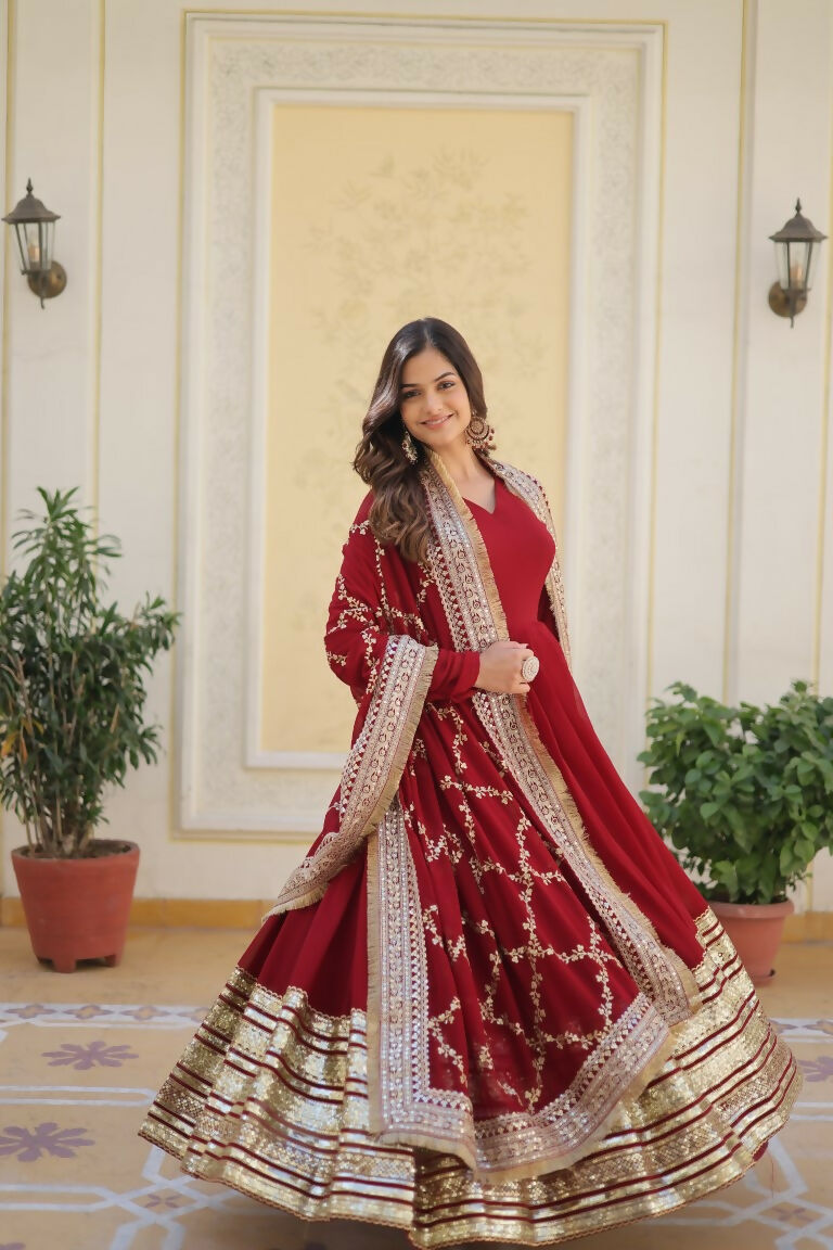 Jyoti Fashion Women's Maroon Faux Blooming Sequins Zari Embroideredy Anarkali Dress with Dupatta | Swadesiicart