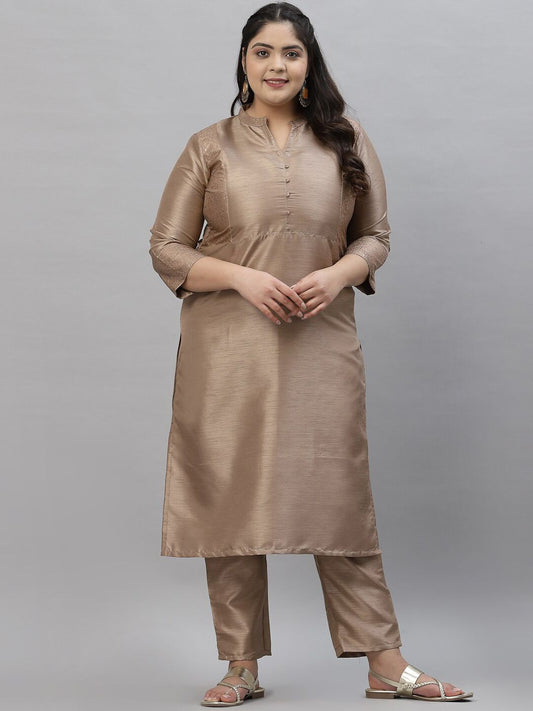 Sztori Plus Size Mandarin Collar Straight Kurta with Trousers