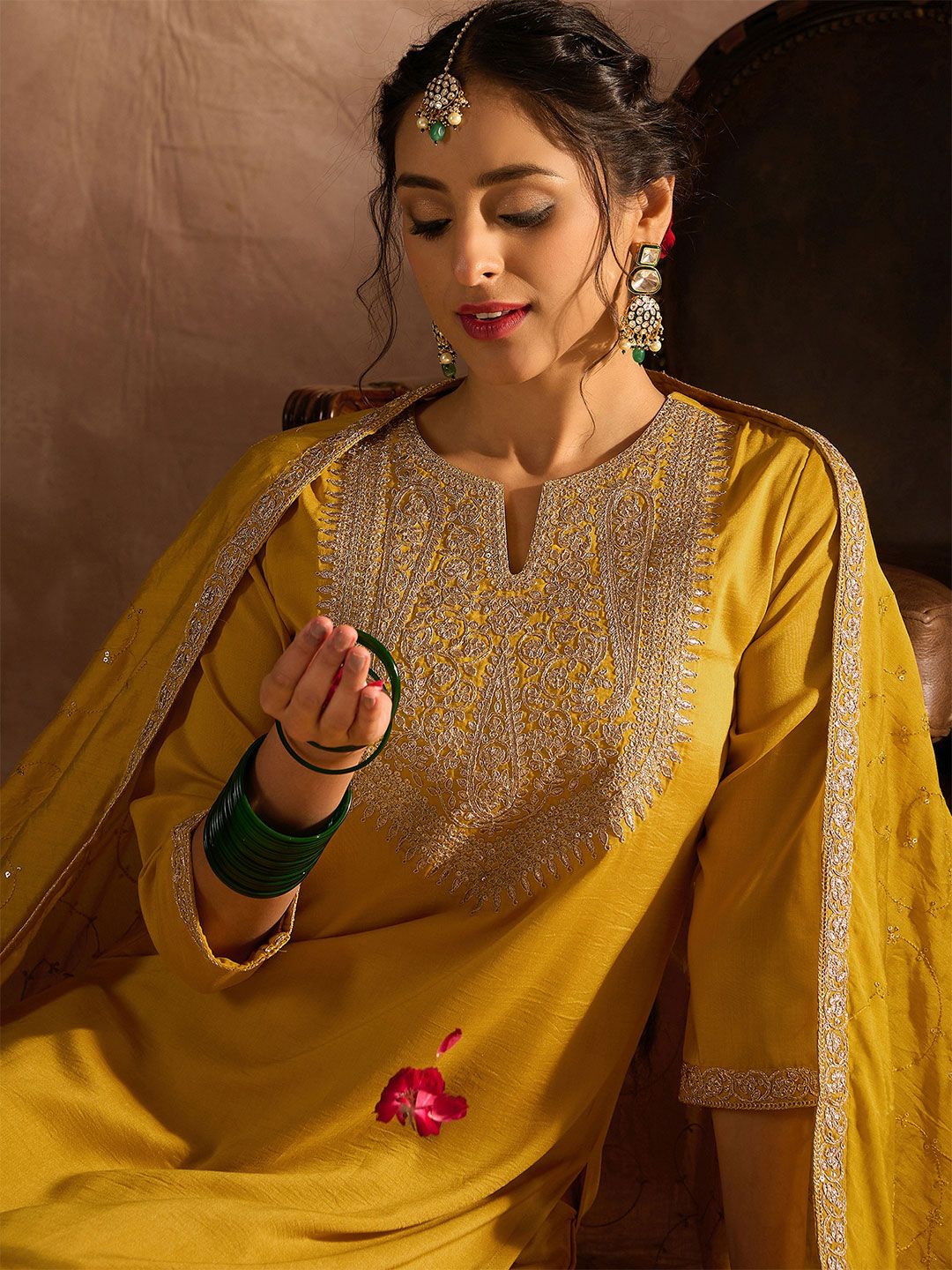 Indo Era Yellow Paisley Embroidered Regular Straight Kurta With Trousers & Dupatta
