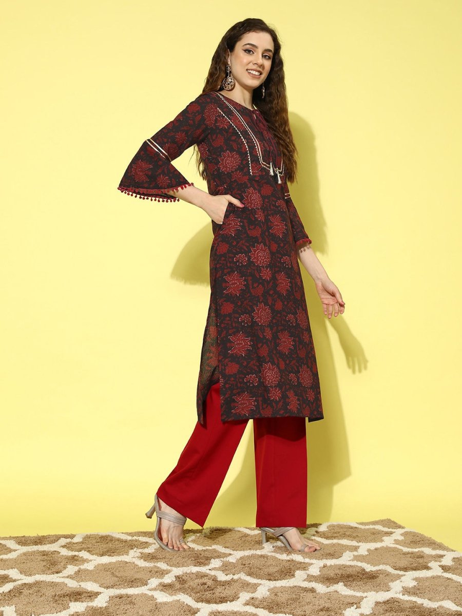 All About You Navy Blue Floral Printed Bell Sleeves Gotta Patti Pure Cotton Kurta