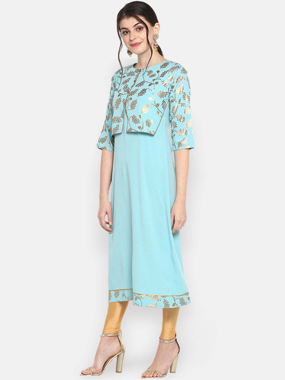 Janasya Women Turquoise Blue & Gold-Toned Printed A-Line Kurta
