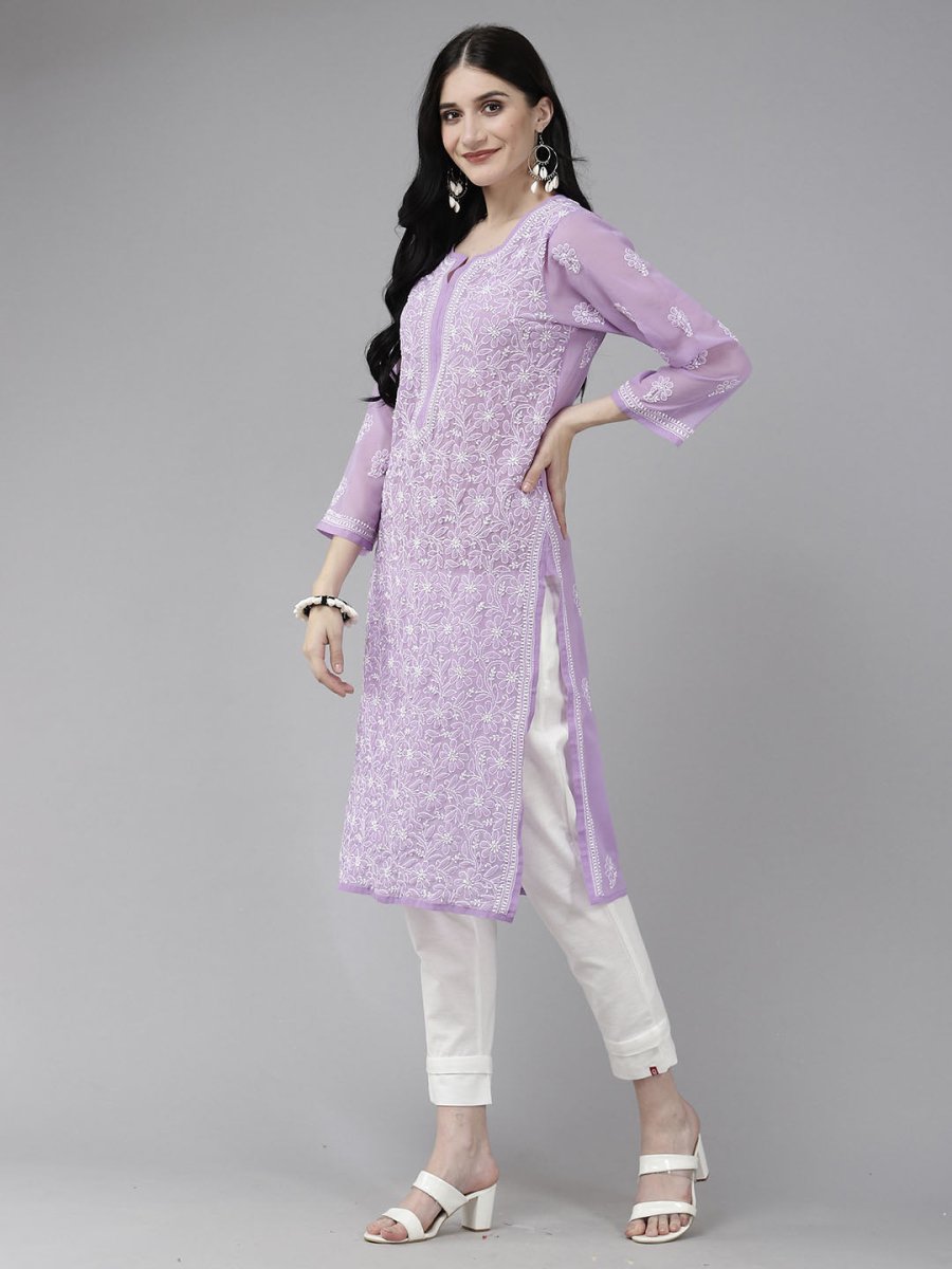 ADA Women Purple & White Ethnic Motifs Embroidered Chikankari Georgette Kurta 