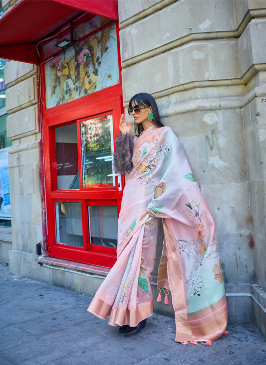 Peach Satin Organza Floral Woven Design Saree With Unstitched Blouse Piece - Klay's