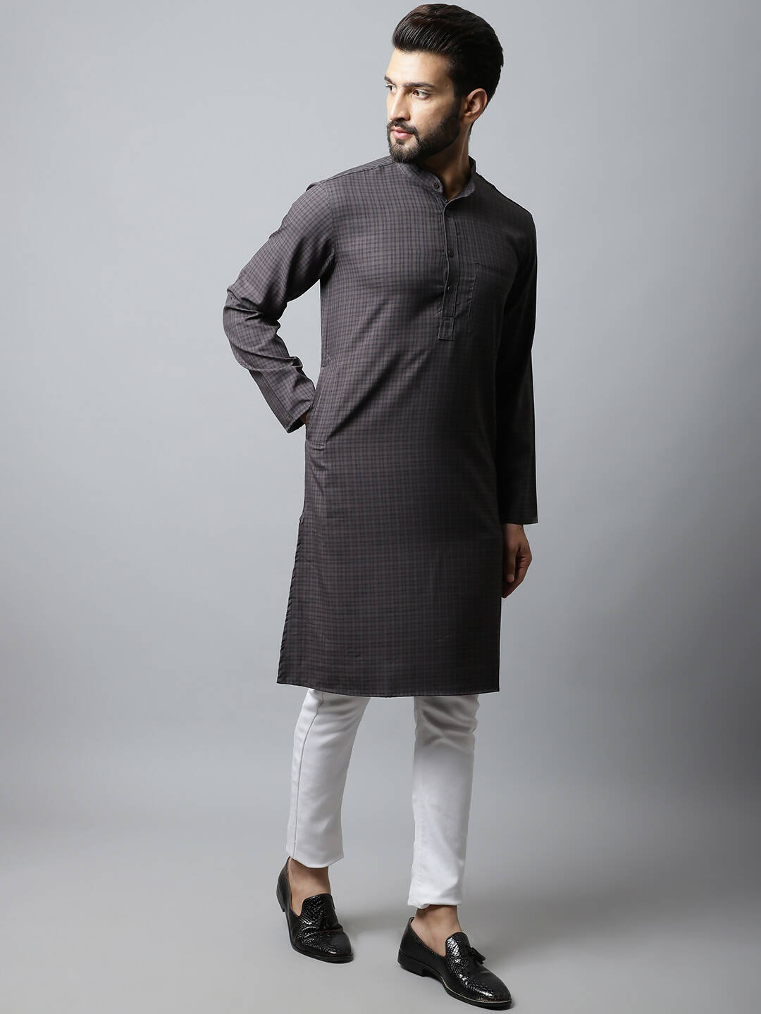 Even Apparels Black Color Pure Cotton Men's Kurta With Band Collar (CHK1166) 