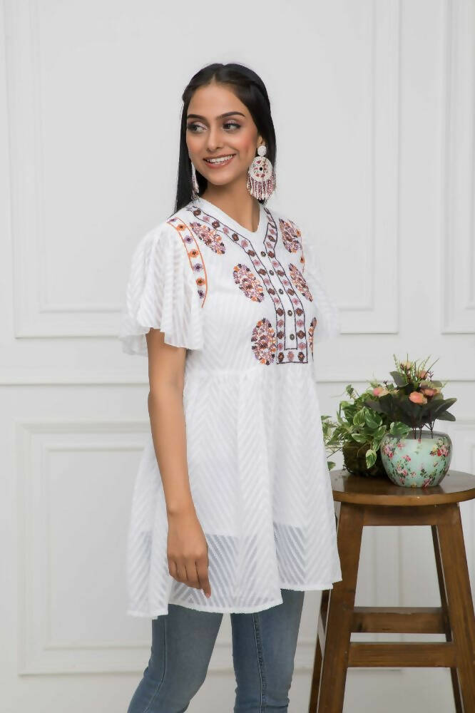 Myshka Women Solid V-Neck Flared Sleeves Synthetic Georgette White Top
