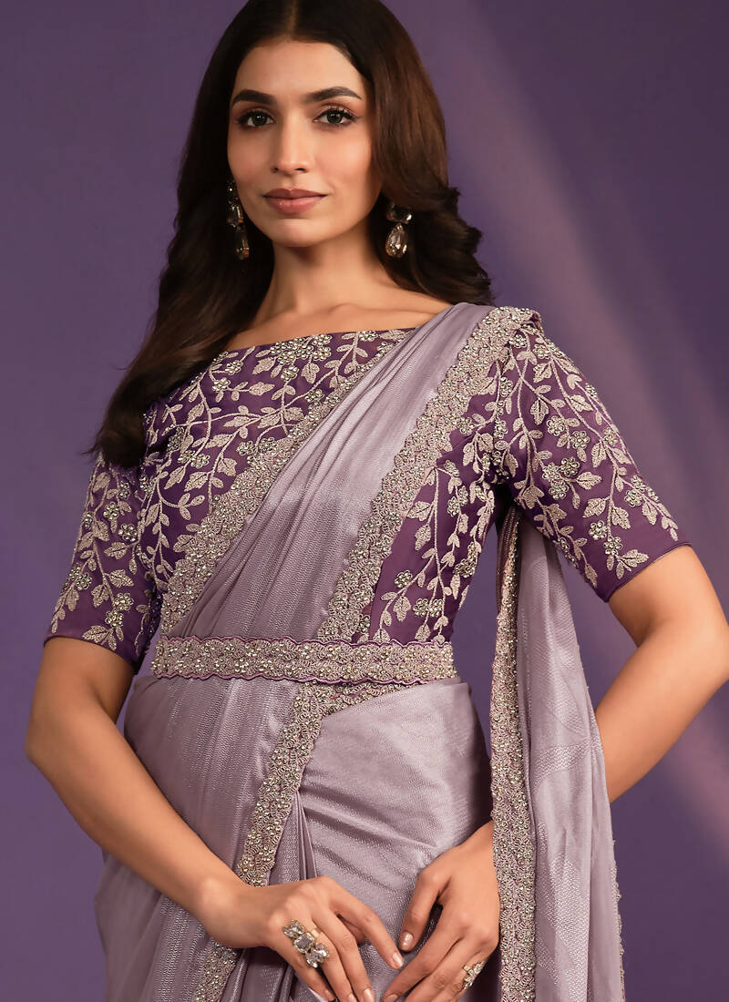 Purple Pattern Georgette Embroidered Saree With Stitched Blouse - Mohmanthan Exotica