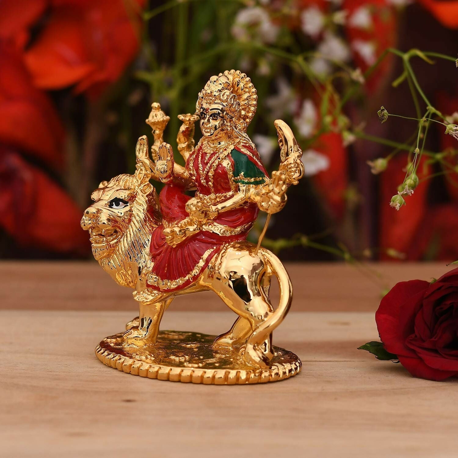 Collectible India Gold-Polished Goddess Maa Durga Sherawali Mata Idol 