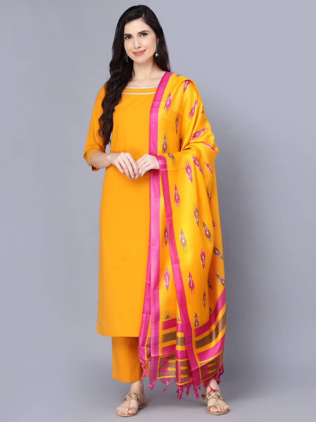 Myshka Women Mustard Yellow Pure Cotton Kurta with Trousers With Dupatta