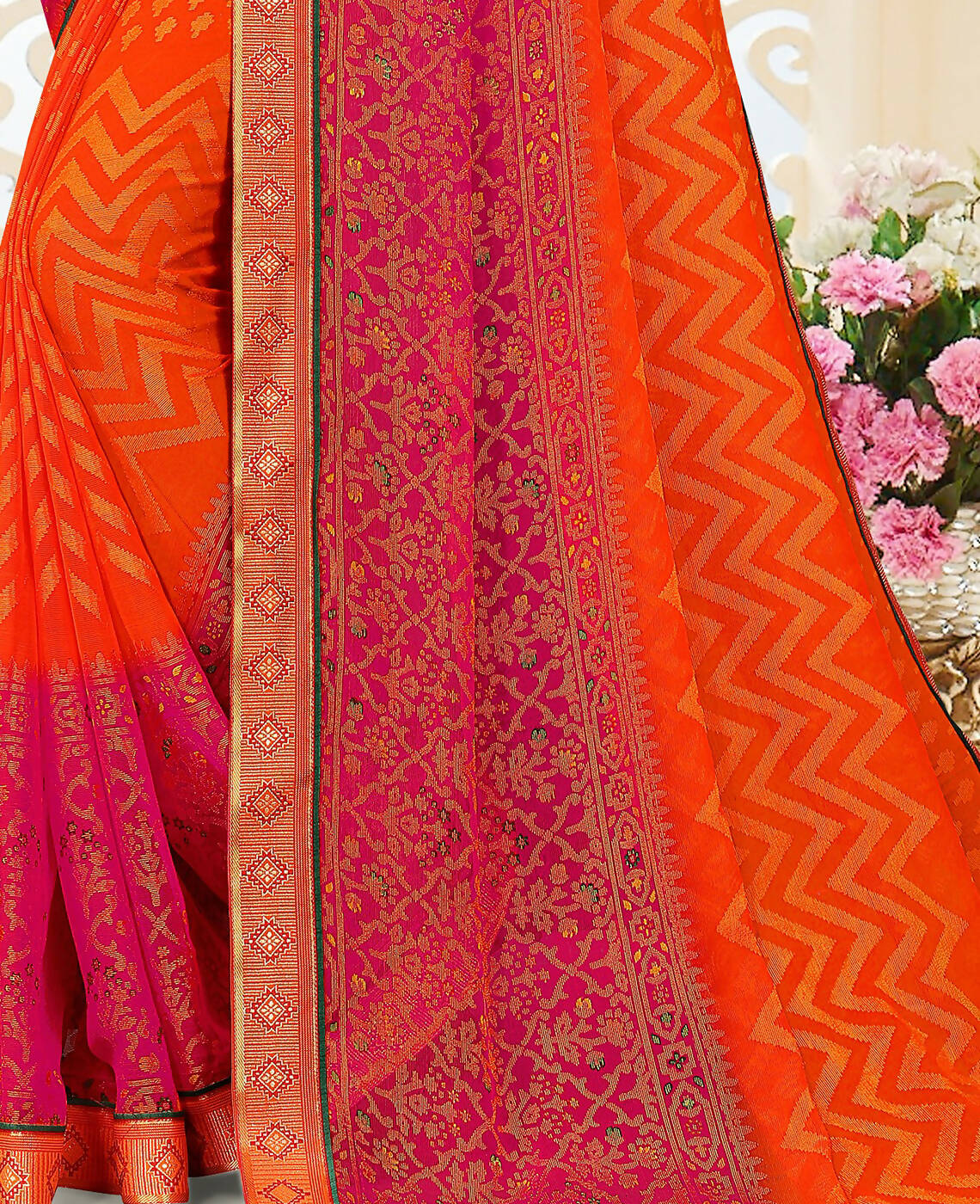 Orange & Pink Chiffon Brasso Printed Saree With Unstitched Blouse Piece - Jyoti