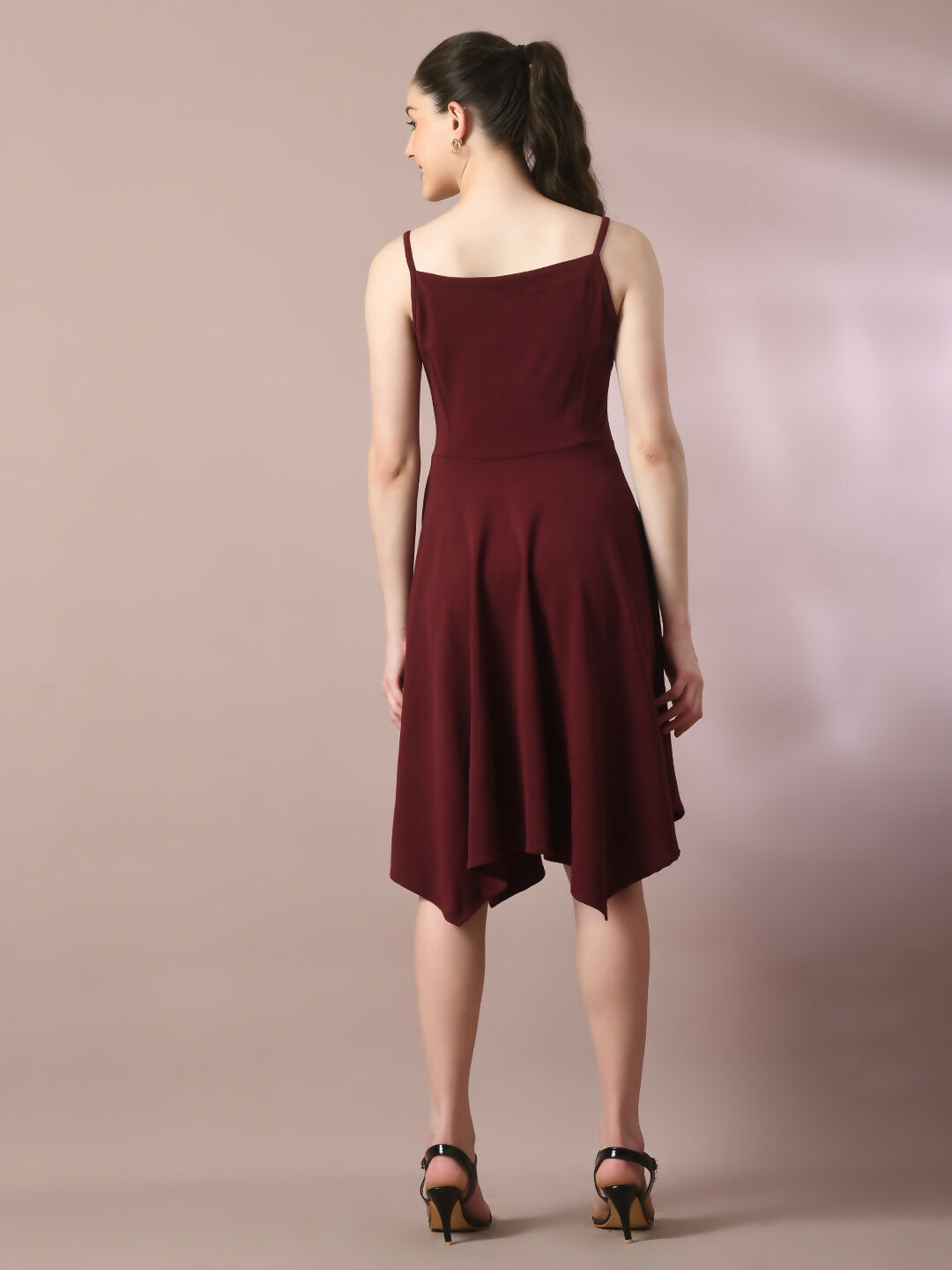 Myshka Women's Maroon Solid Shoulder Straps Fit and Flare Party Dress