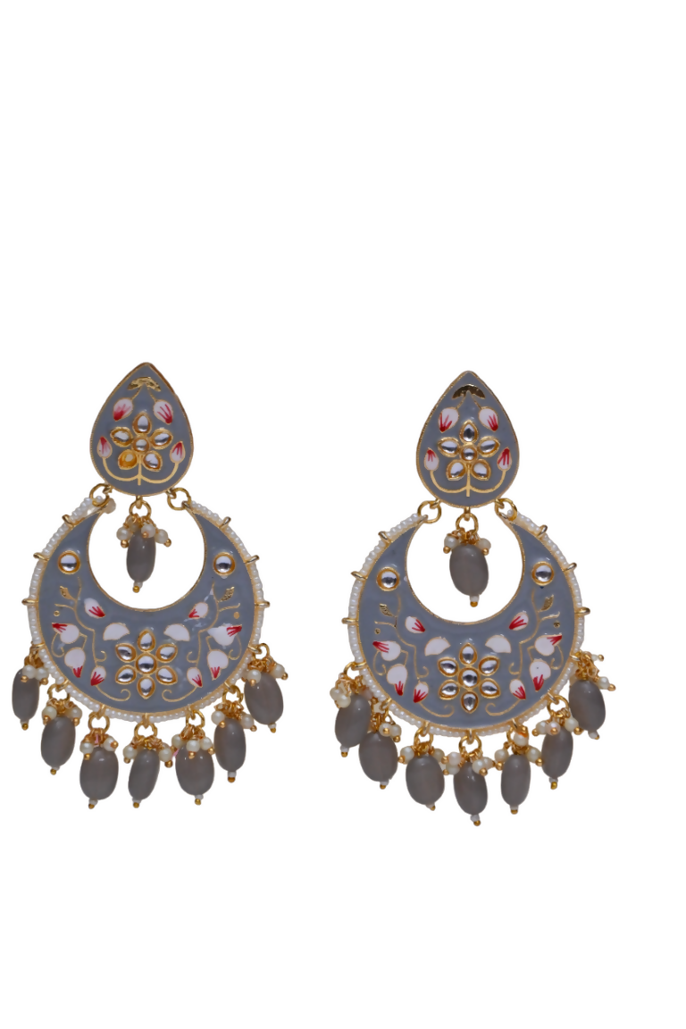Grey Gold-Polished Brass & Pearl Dangle Women Earrings| Hand Painted Meenakari Chandbali Traditional Ethnic Wear Earrings By House of Ree House of Ree