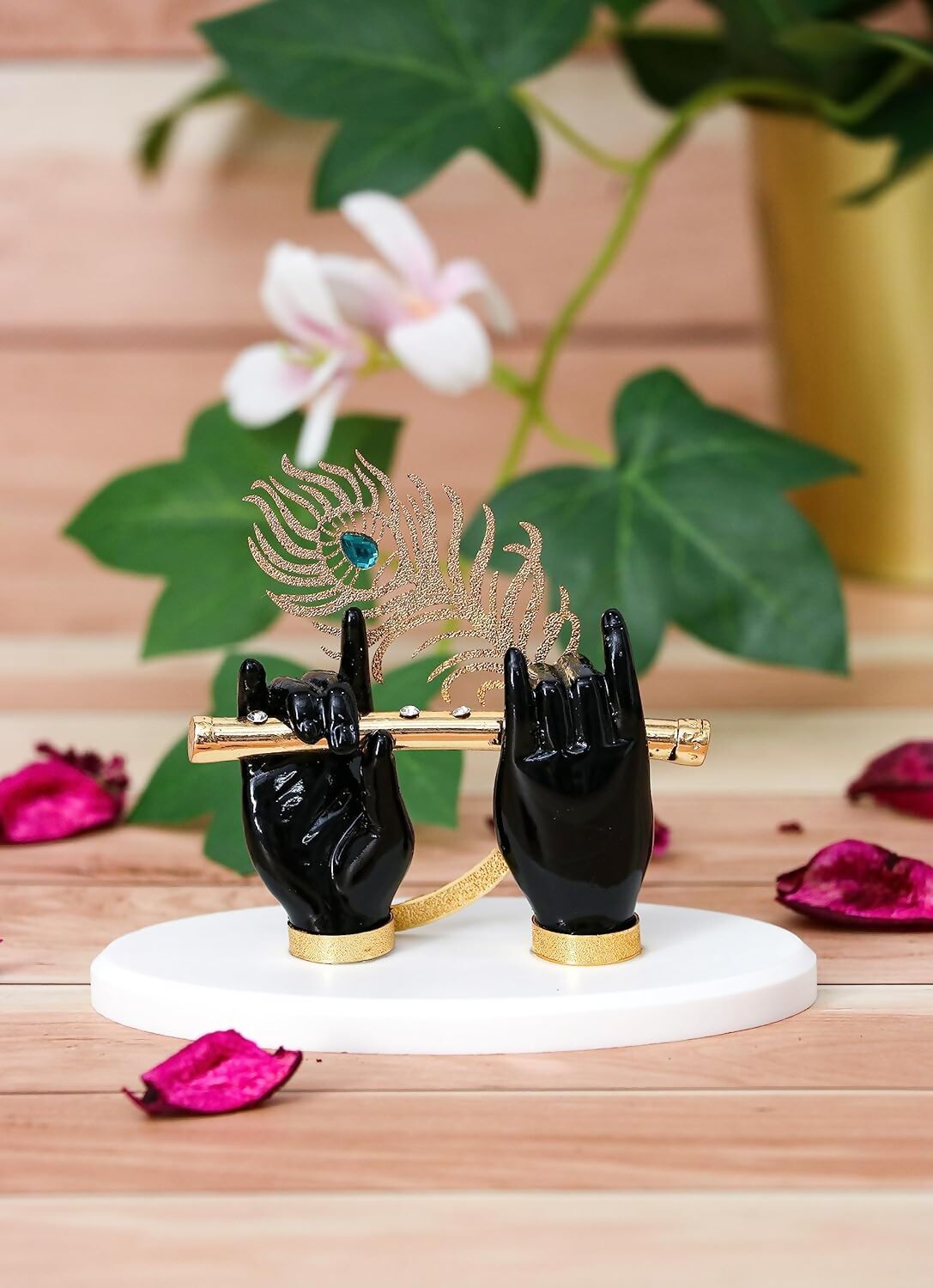 House Of Wemy Gold-Polished Lord Krishna Hands Idol with Flute and Pecock Feather - Black 