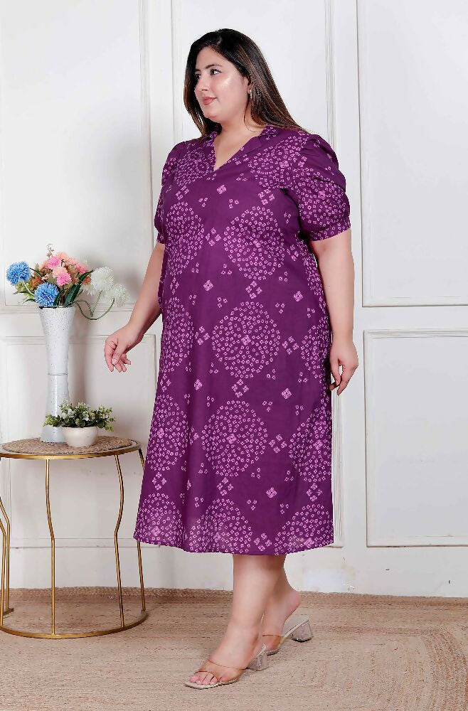 Miravan Plus Size Womens Purple Bandhani Printed A-Line Maxi Dress