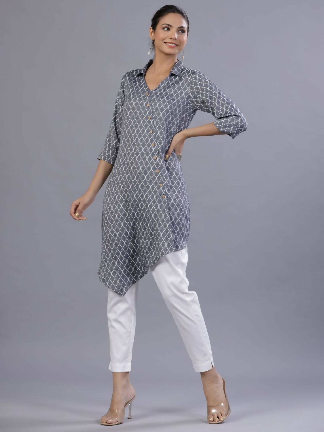 Juniper Women Blue Rayon Printed Asymmetric Kurta