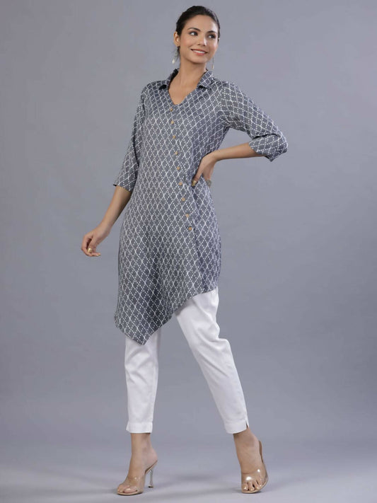 Juniper Women Blue Rayon Printed Asymmetric Kurta