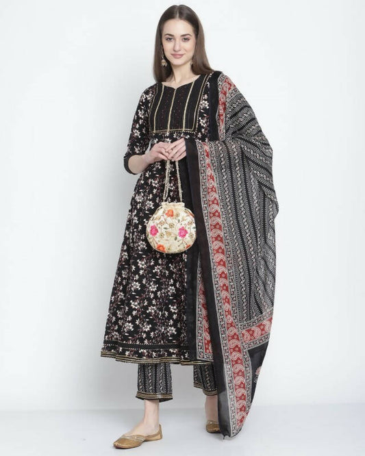 Aastha Fashion Women's Black Cotton Jaipuri Printed Kurta with Trouser & Dupatta - Grab2buy