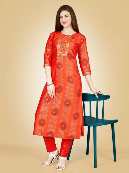Aastha Fashion Women's Orange Viscose Rayon Embroidered Kurta Pant Set - Grab2buy