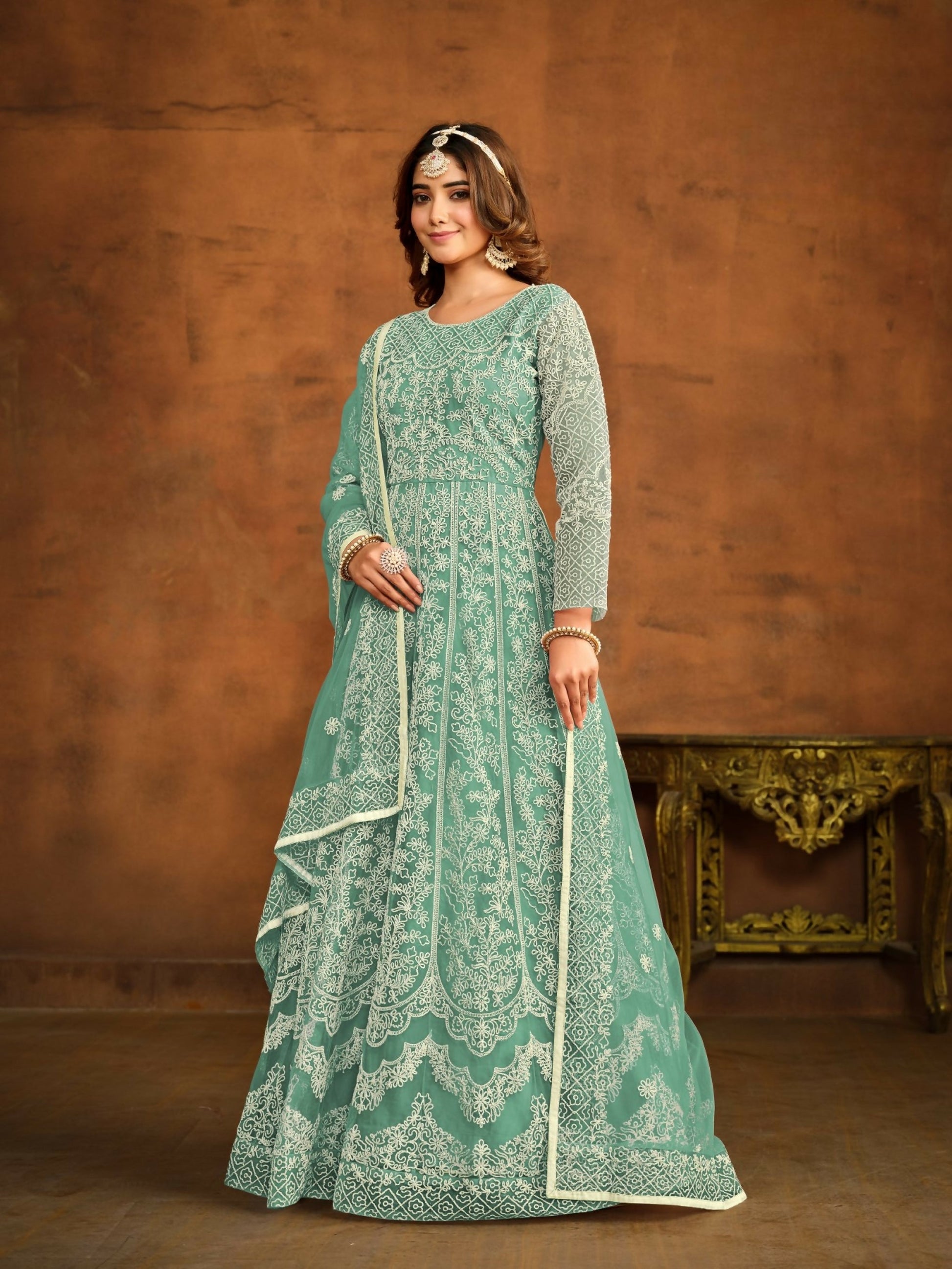 Anaita Sky Blue Embroidered Net Anarkali Suit