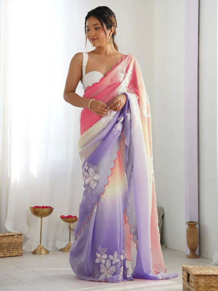 PR Fashion Peach Lavender Gold Crush Embroidery Work Saree