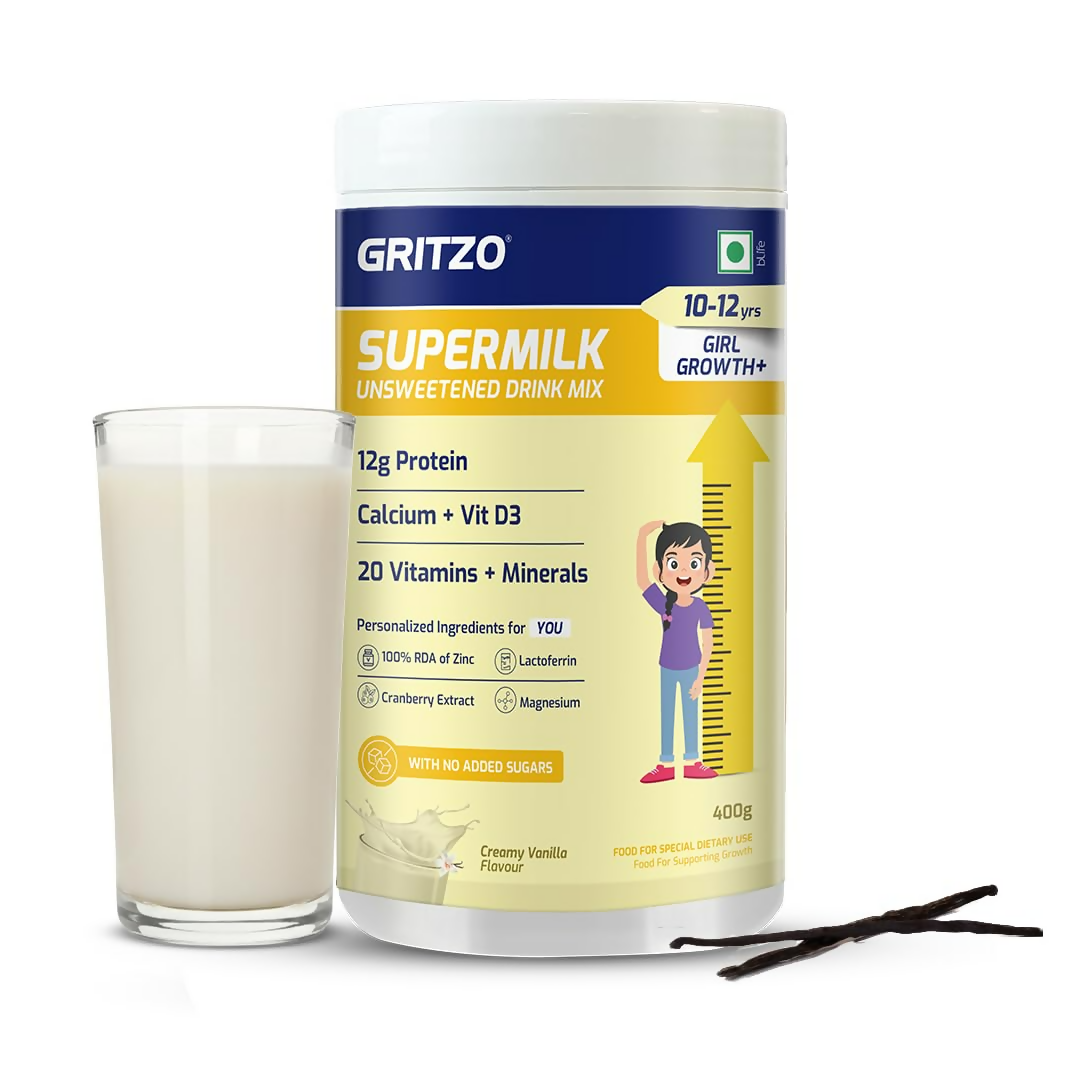 Gritzo SuperMilk Growth+ (Formerly Height+) Unsweetened Drink Mix (10-12y Girls) 12g Protein Powder - Creamy Vanilla
