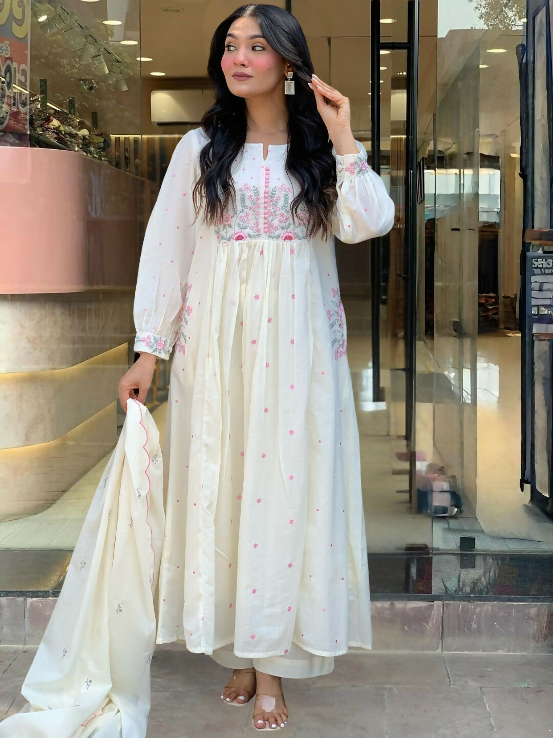 The52 White Women's Beautiful Cotton Fabric Thread Work Straight Kurta Pant and Dupatta Set | Grab2Buy