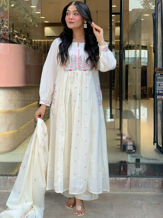 The52 White Women's Beautiful Cotton Fabric Thread Work Straight Kurta Pant and Dupatta Set | Grab2Buy
