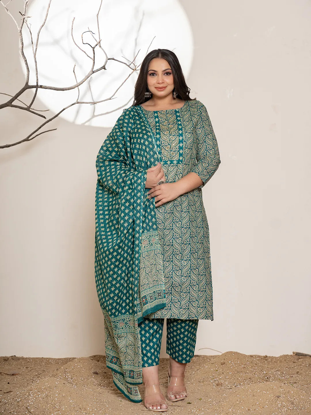 Yufta Teal Green Embroidered Cotton Plus Size Suit Set  Grab2Buy Yufta Grab2Buy
