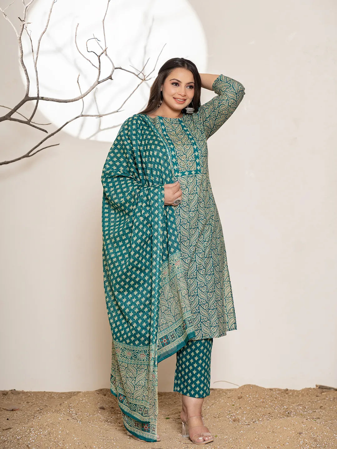 Yufta Teal Green Embroidered Cotton Plus Size Suit Set  Grab2Buy Yufta Grab2Buy