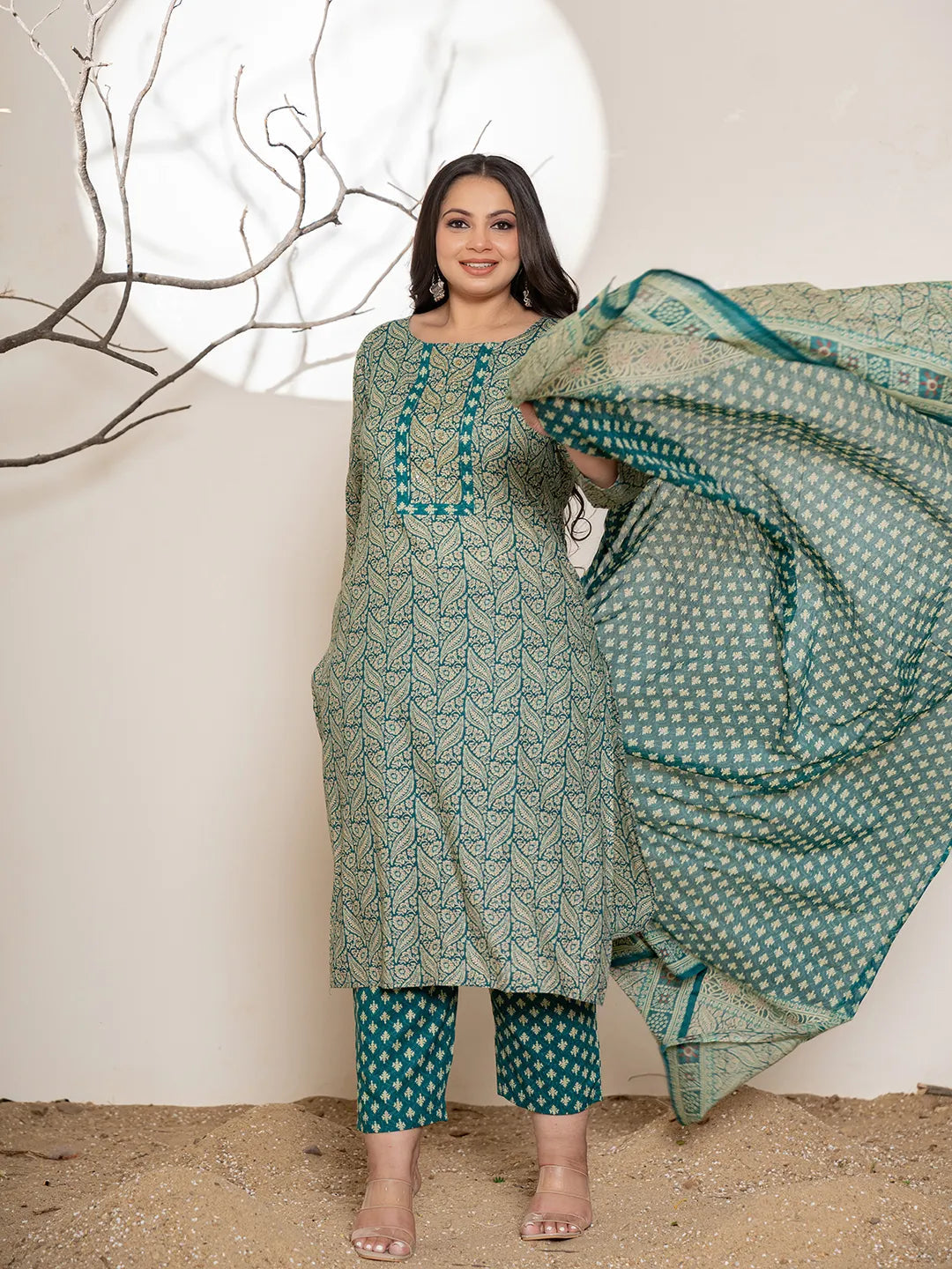Yufta Teal Green Embroidered Cotton Plus Size Suit Set  Grab2Buy Yufta Grab2Buy