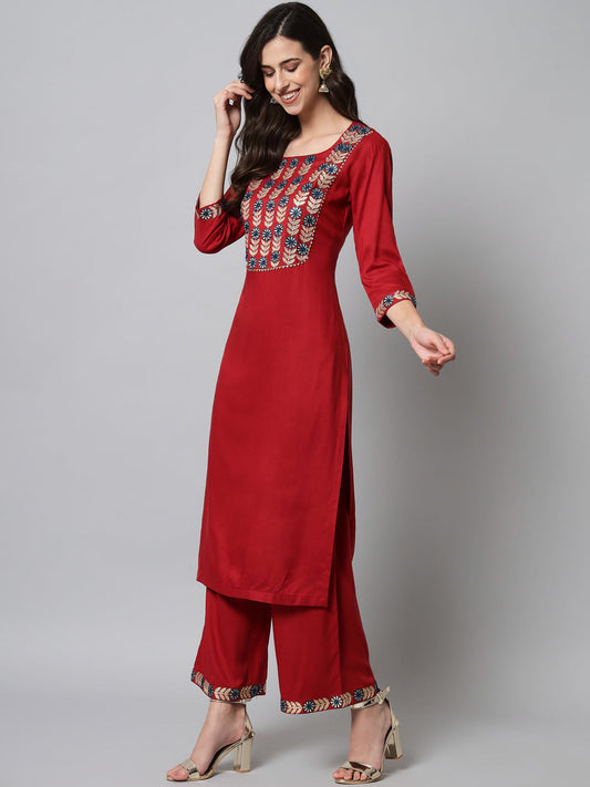 NOZ2TOZ Embroidered Red Kurta Palazzo Set - Grab2buy