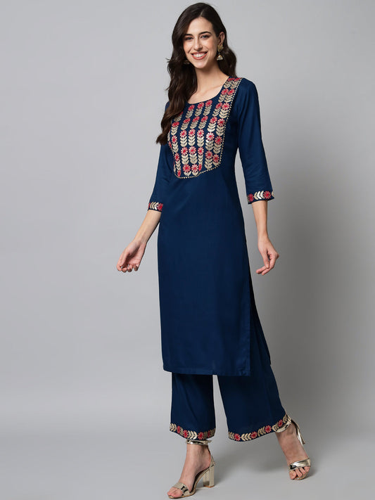 NOZ2TOZ Embroidered Teal Kurta Palazzo Set - Grab2buy