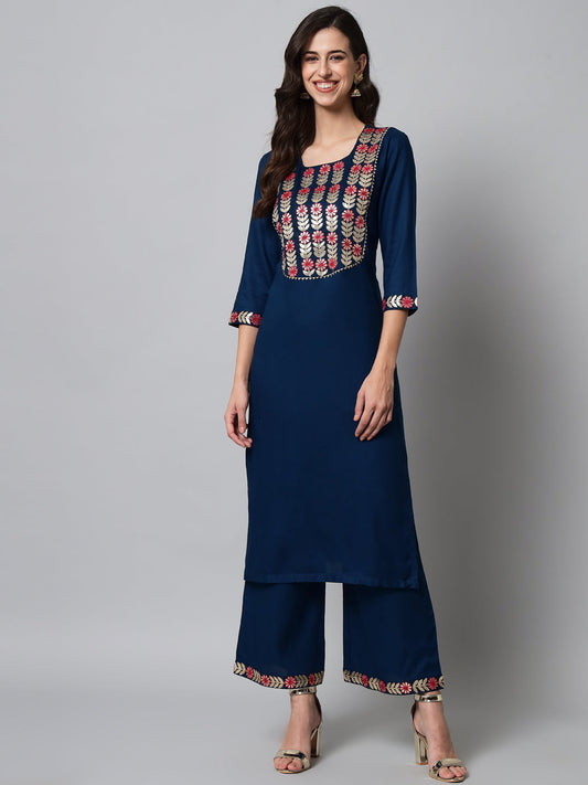 NOZ2TOZ Embroidered Teal Kurta Palazzo Set - Grab2buy