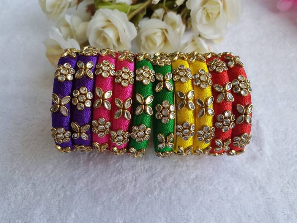 Multi Color New Model Silk Threaded Stone Bangles Sets 