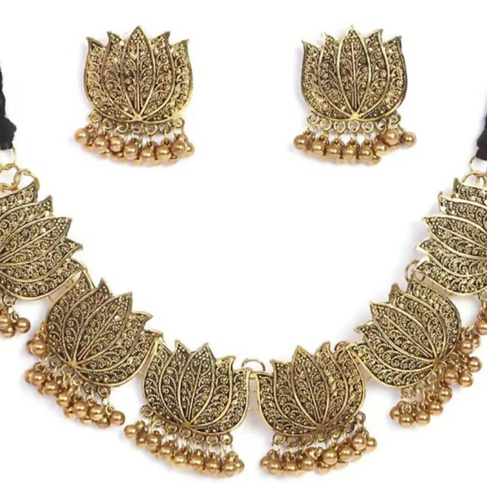 Mominos Fashion Oxidised Lotus Design Golden Color Necklace Choker Set 