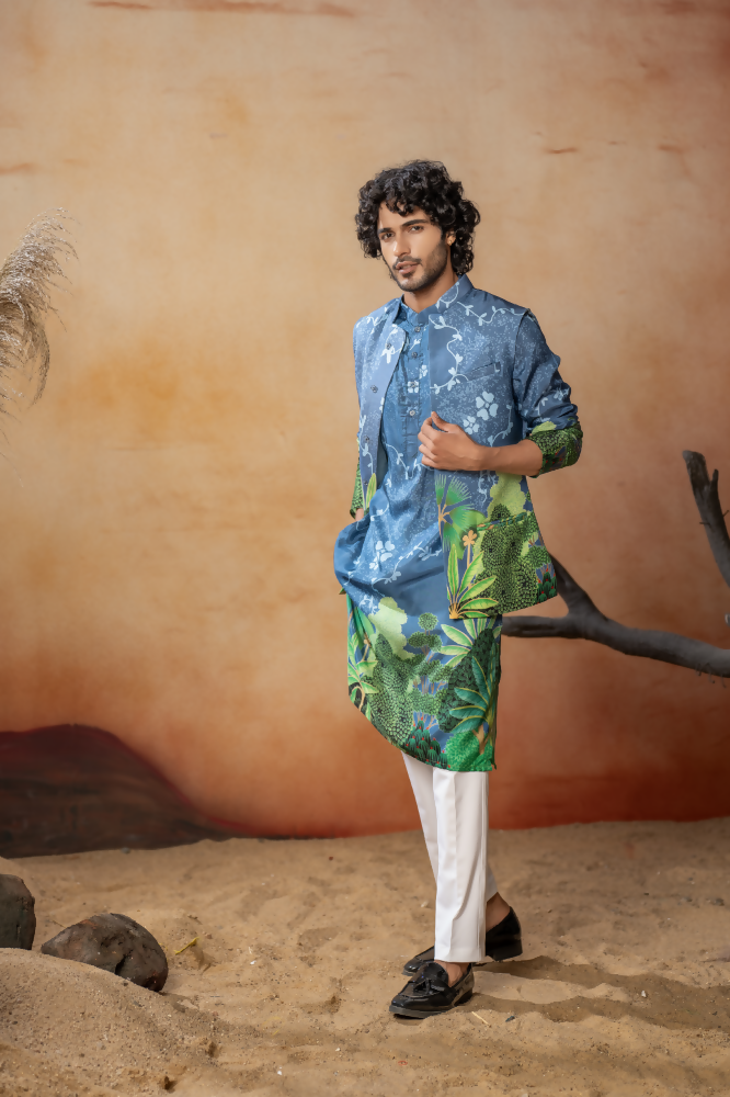 Tree Bark Classy Print Silk Nehrujacket Set by Hilo Design  Grab2Buy Hilo Design Grab2Buy
