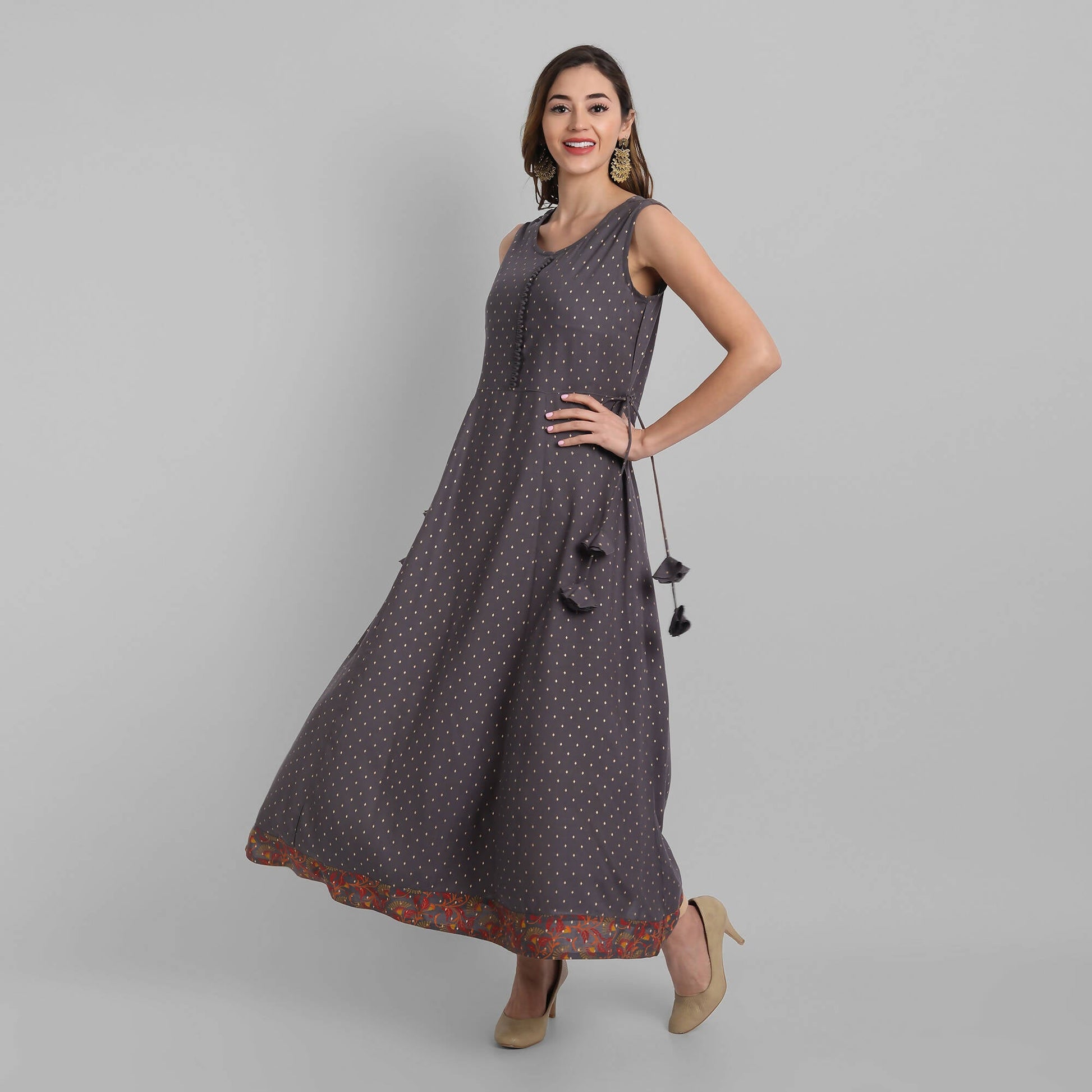 Juniper Women's Grey Rayon Printed Flared Dress