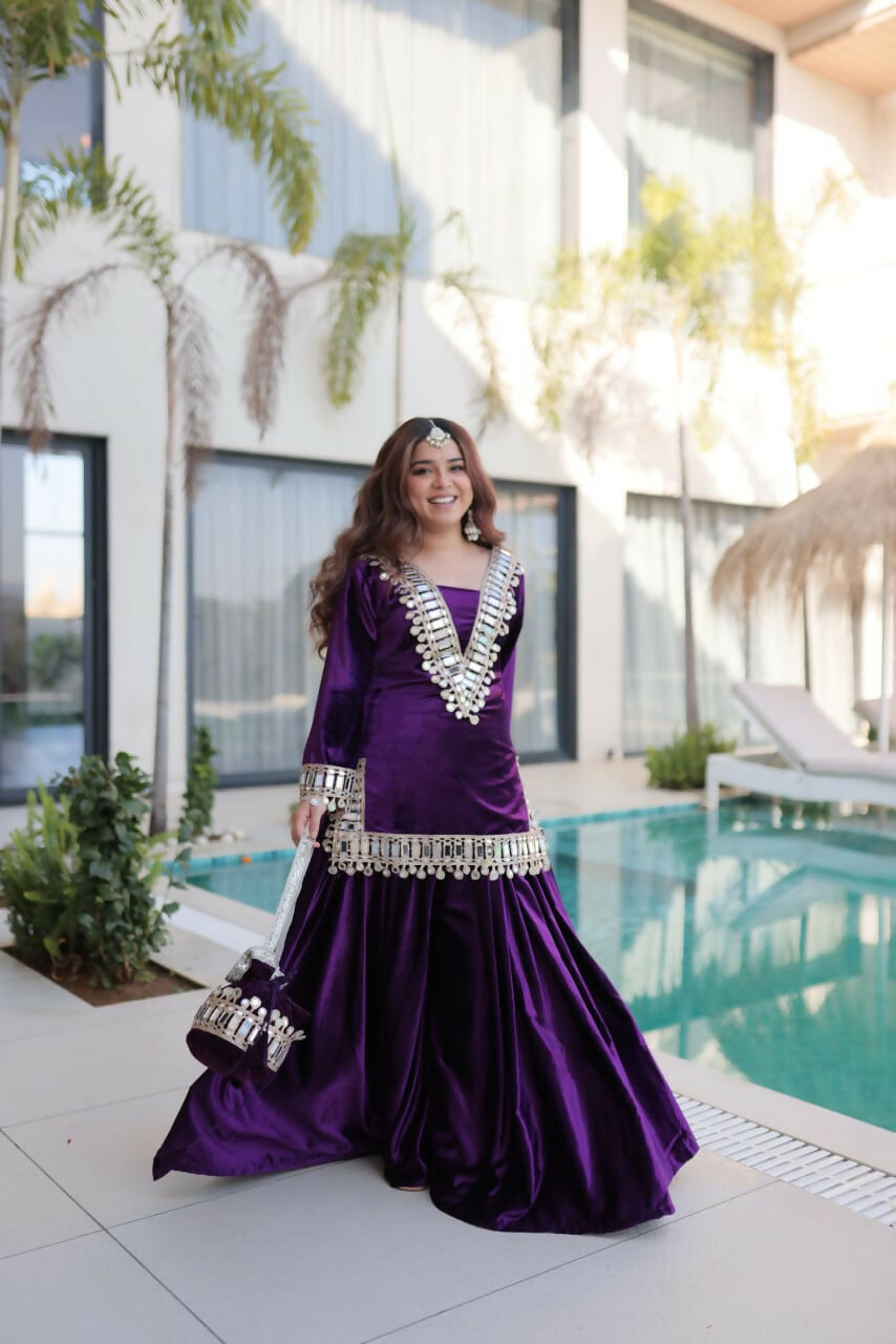 Joban Fashion Purple Kurta Set Velvet Embroidery Sequence Work
