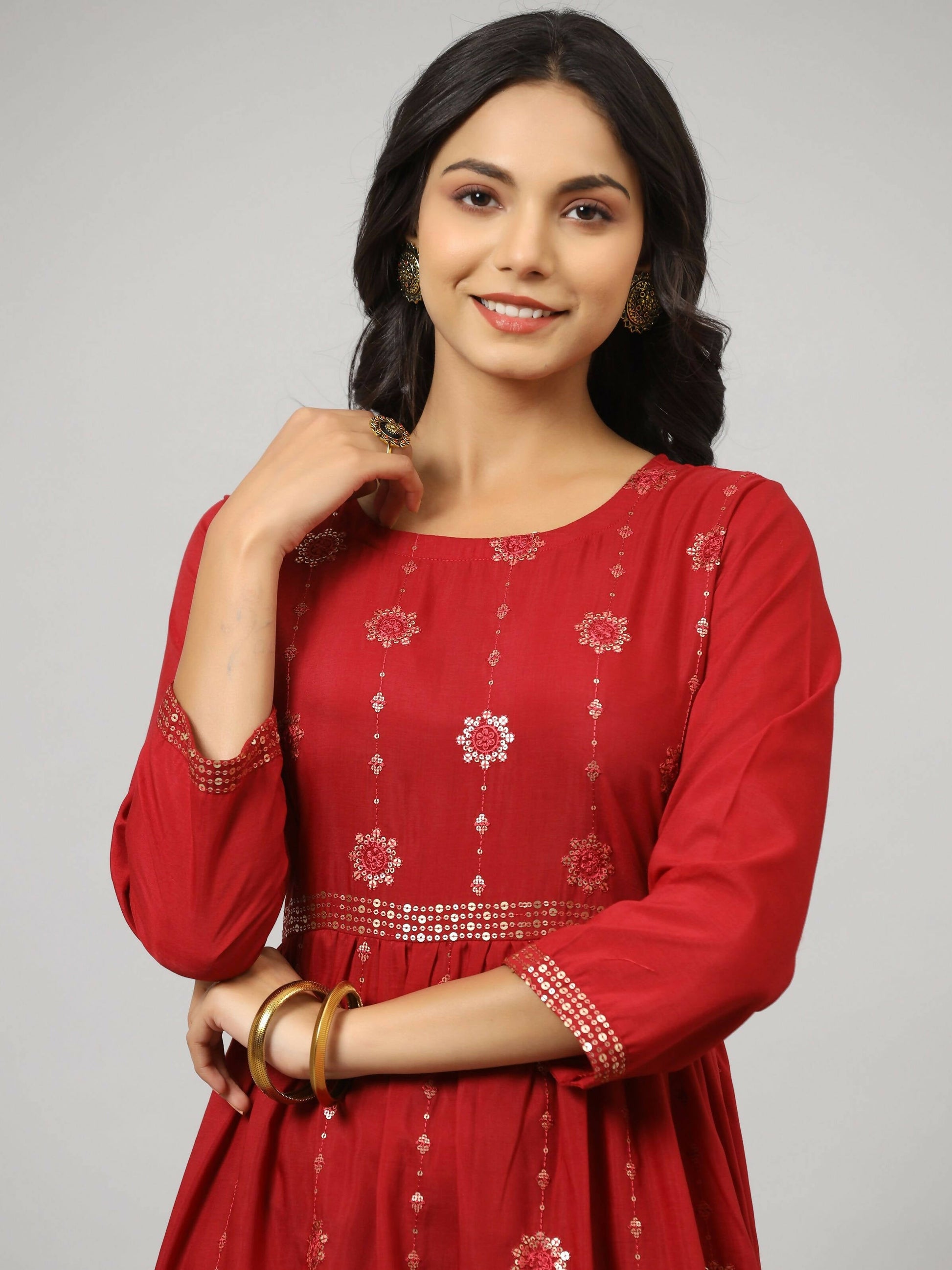 Juniper Women's Maroon Festive Printed Flared Dress