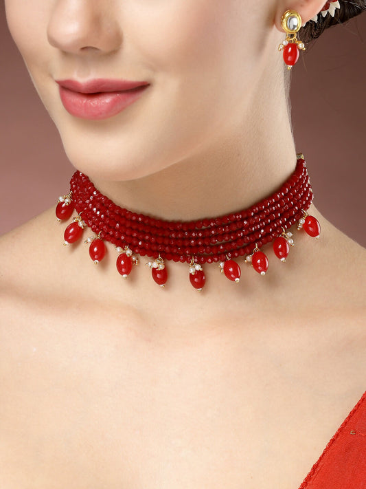 NVR Women's Red Artificial Beads Layered Necklace with Drop Earring